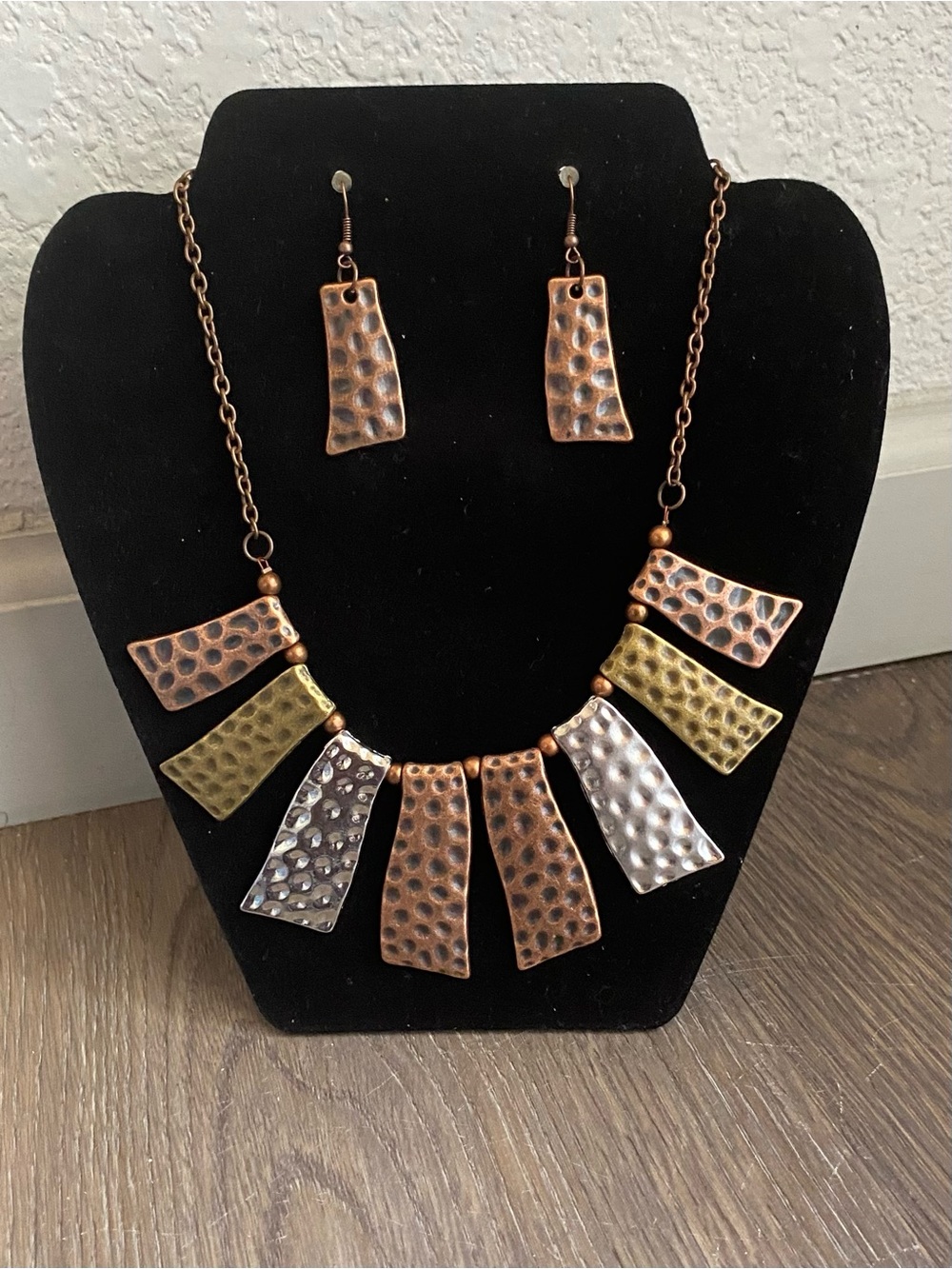 Hammered Mixed-Metal Statement Necklace & Earring Set - Copper, Gold & Silver